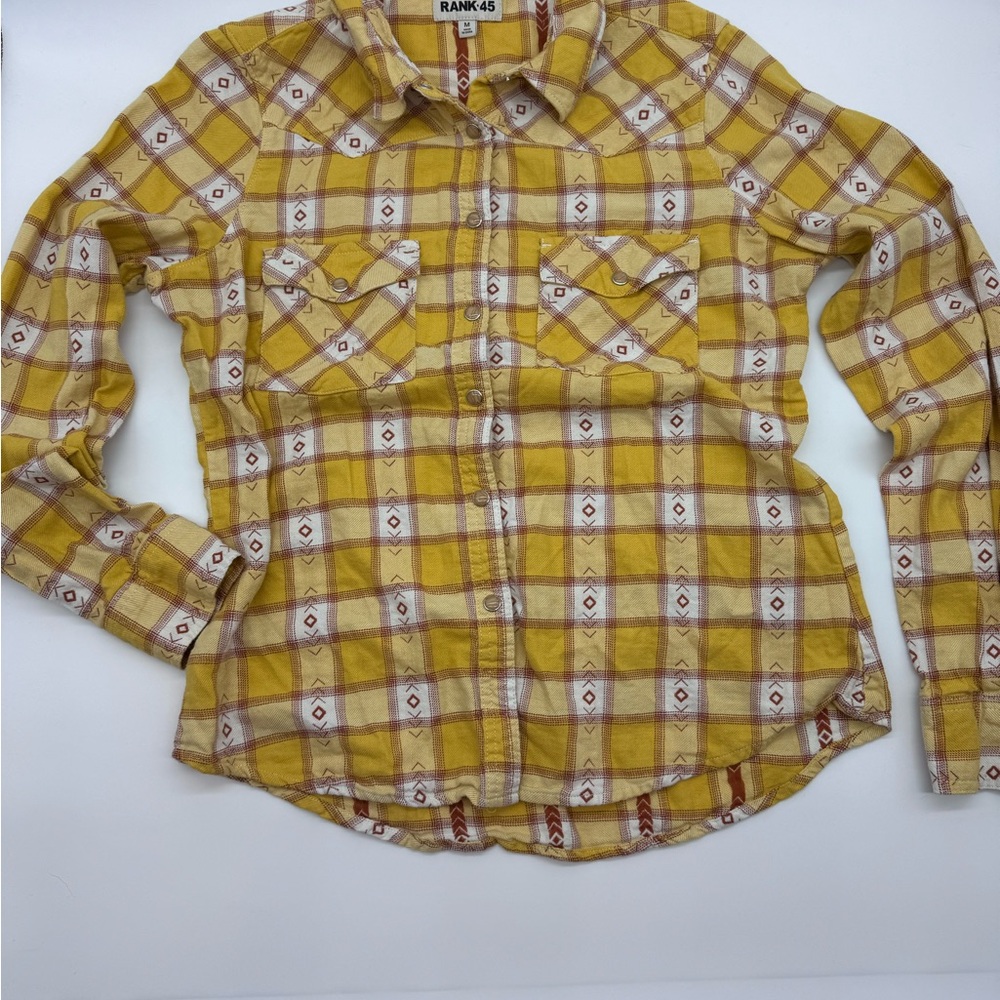 Rank 45 Women's Yellow and Red Plaid Button Down, Pearl Button Shirt, Size Med - Picture 2 of 10